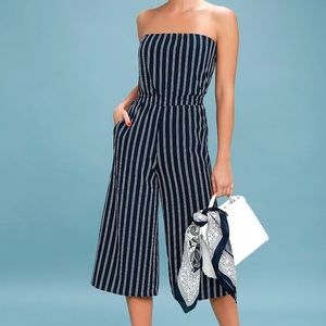 Lulu’s “Saltwater and Sun Navy Blue Striped Strapless Midi Jumpsuit”